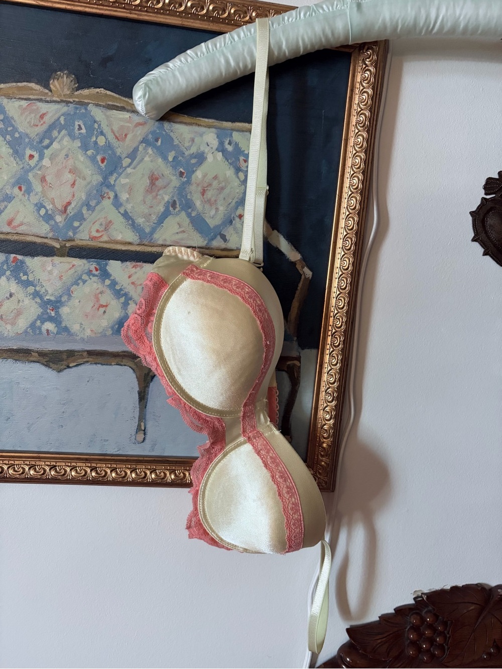 Vintage Ivory Bra with Pink Lace Trim